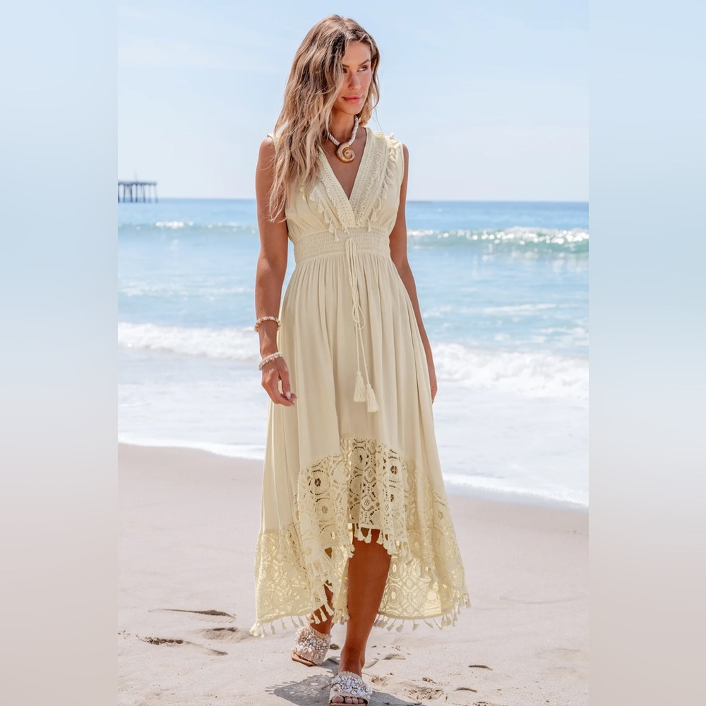 Cupshe - Beige Lace & Tassel Sleeveless Midi Dress MEDIUM - NWT